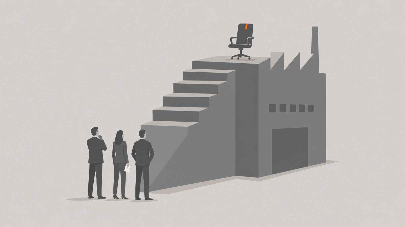 Ilustración editorial plana: figuras en grafito al pie de una rampa de producción con un único acento naranja Alder Koten en la cima, sobre fondo gris frío.
