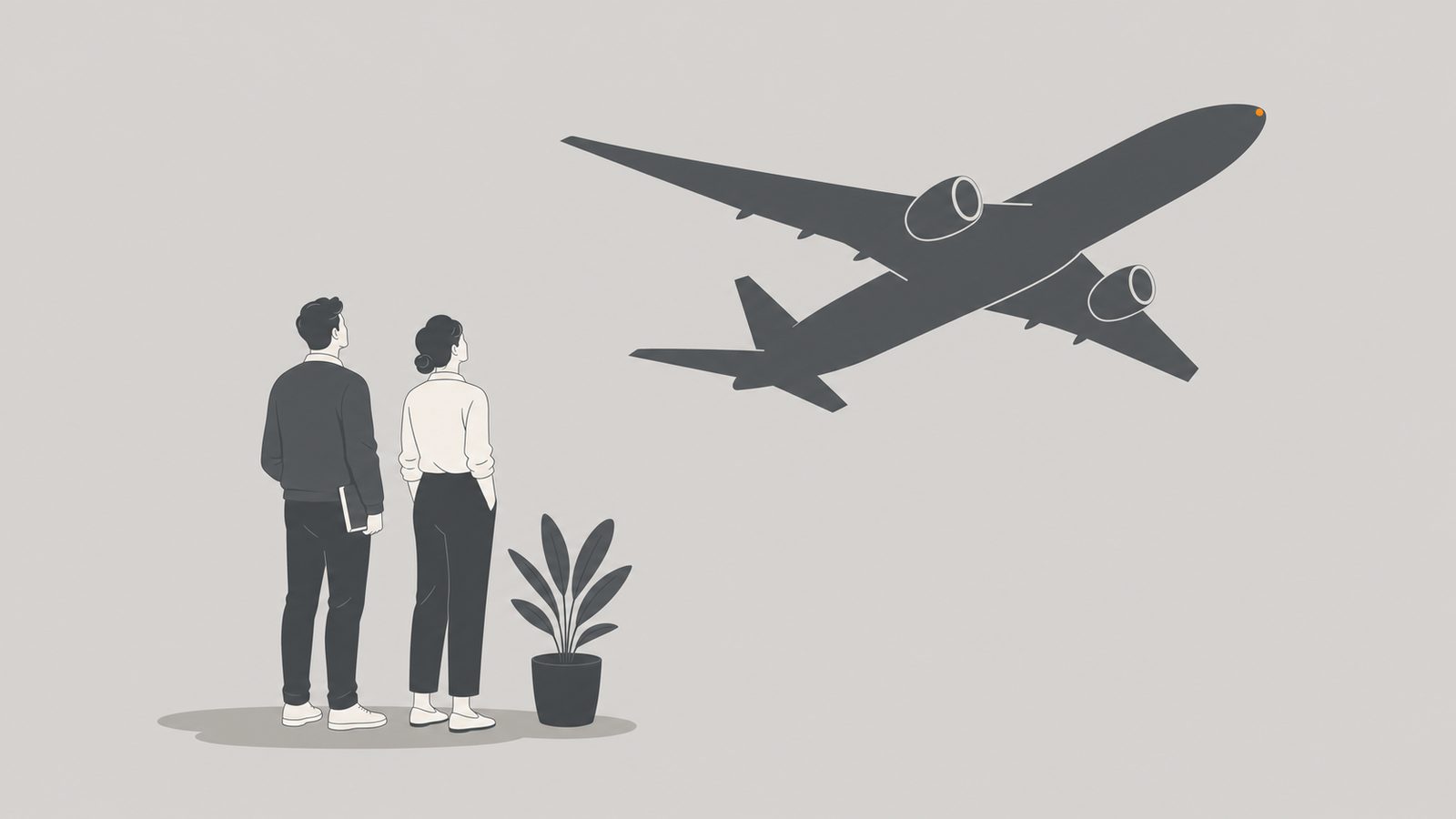 Ilustración editorial de dos figuras conversando junto a la silueta estilizada de una aeronave, sobre el campo ak-stone de Alder Koten.