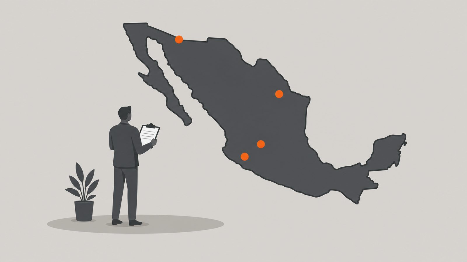 Ilustración editorial de un directivo de planta observando desde un piso industrial un mapa del corredor manufacturero mexicano.