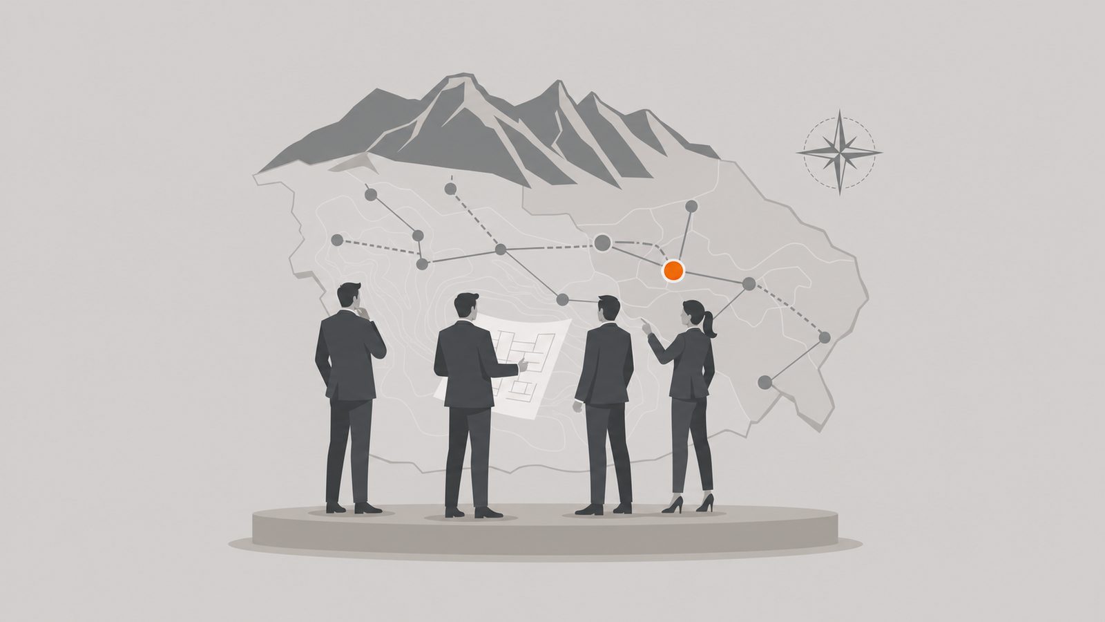 Ilustración editorial de tres ejecutivos alrededor de un mapa estilizado del corredor industrial de Monterrey con la Sierra Madre al fondo y un nodo marcado en naranja, sobre fondo gris cálido.