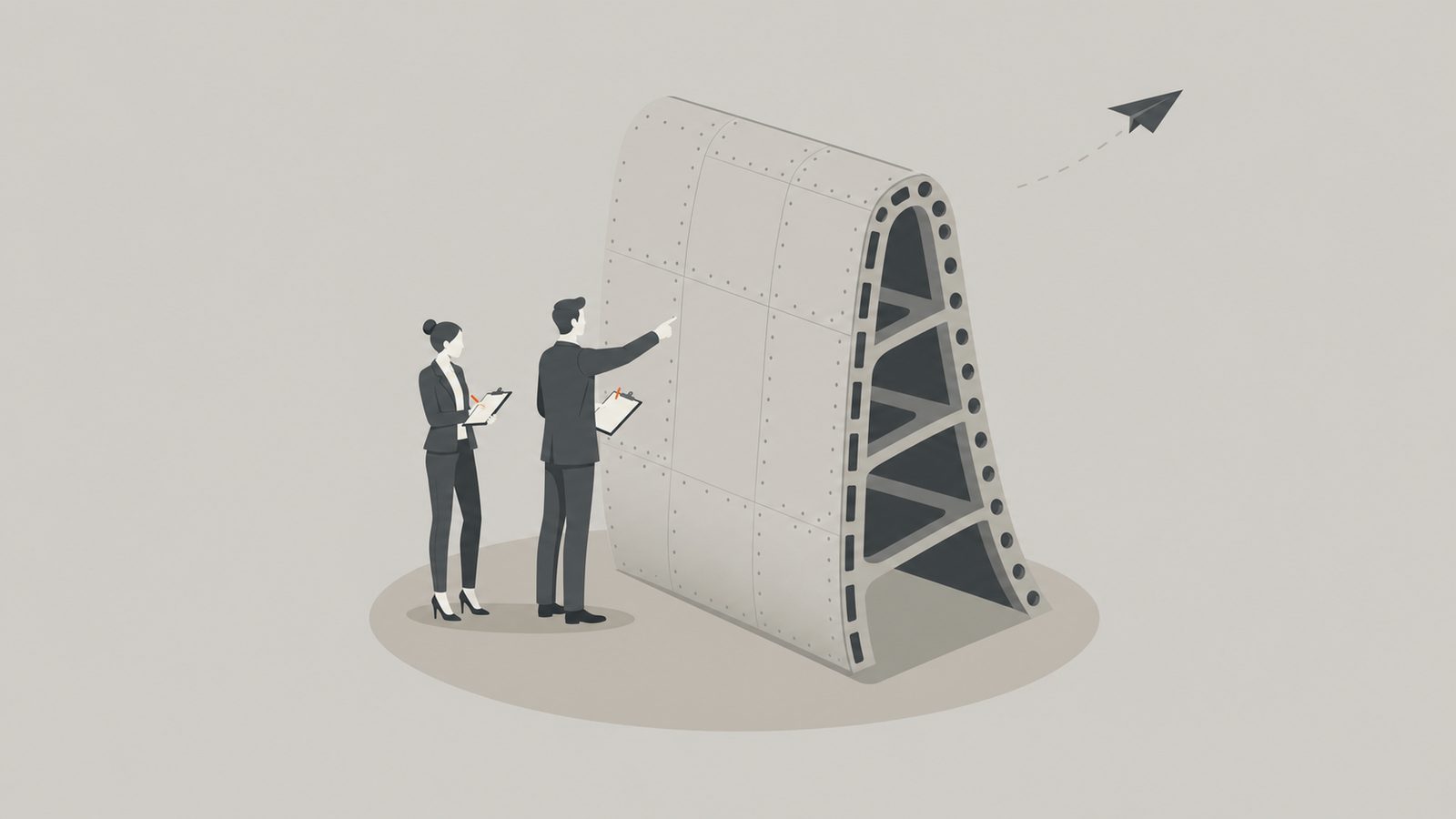 Ilustración editorial plana: dos ejecutivos con portapapeles inspeccionan una sección curva de fuselaje aeronáutico con costillas y remaches visibles, sobre fondo neutro cálido; pequeño avión de papel al fondo.